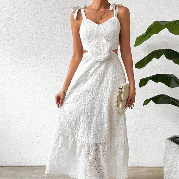 White Casual Women's Halterneck Backless Dress With Waist Tie - Picture 3 of 6